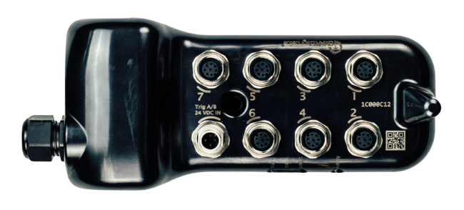 IoT HUB pictured from the front, showing ports and black durable body.