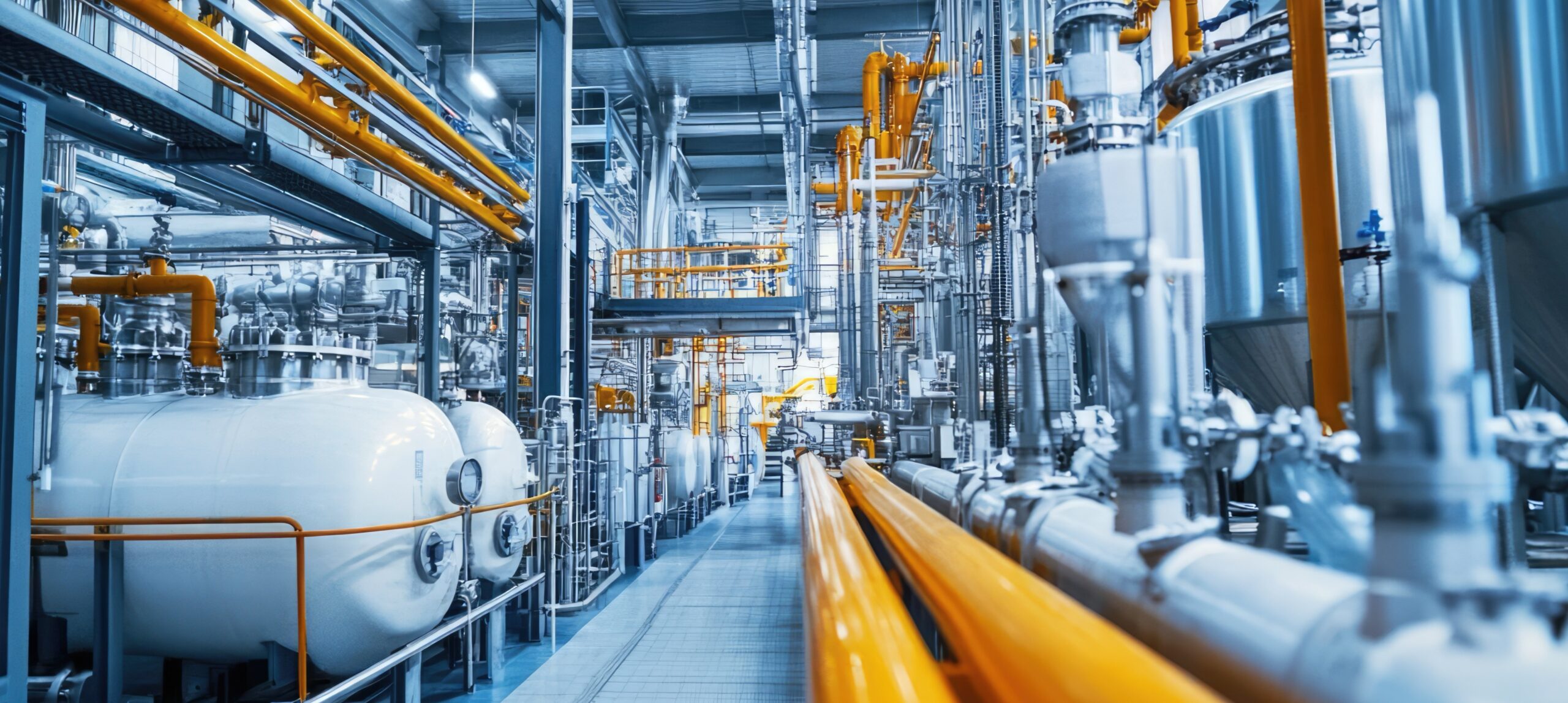 Chemical plant showing guages, a walkway, tanks, silos, and mixing apparatus. Pipes in yellow and silver cross the entire area.