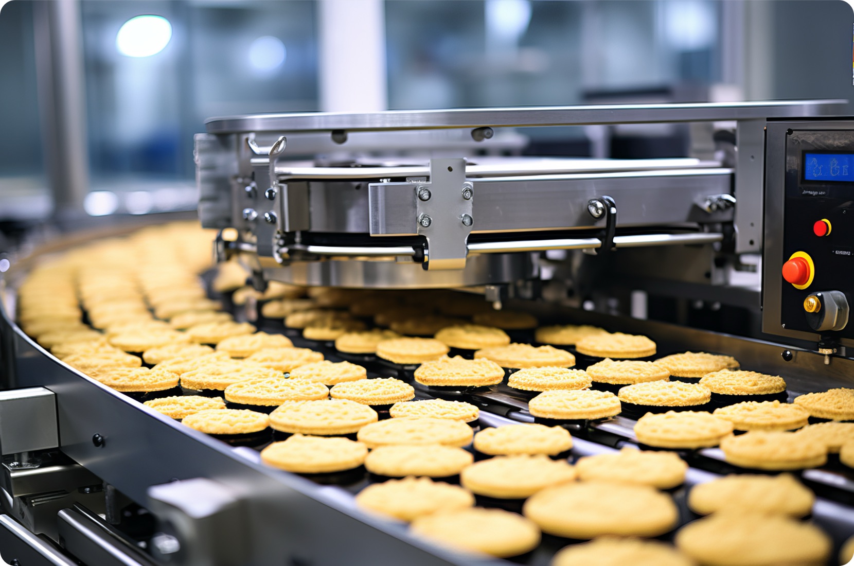 Conveyor belt moves prepared foods through a production operation.