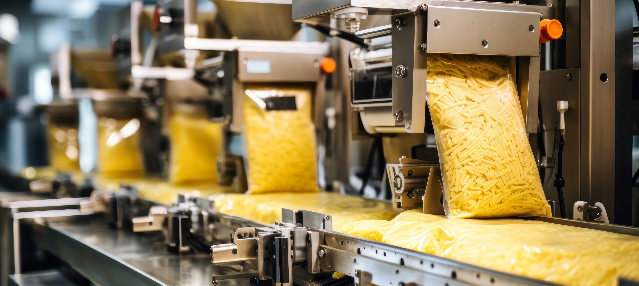 Food being packaged on an assembly line by robotic machinery.
