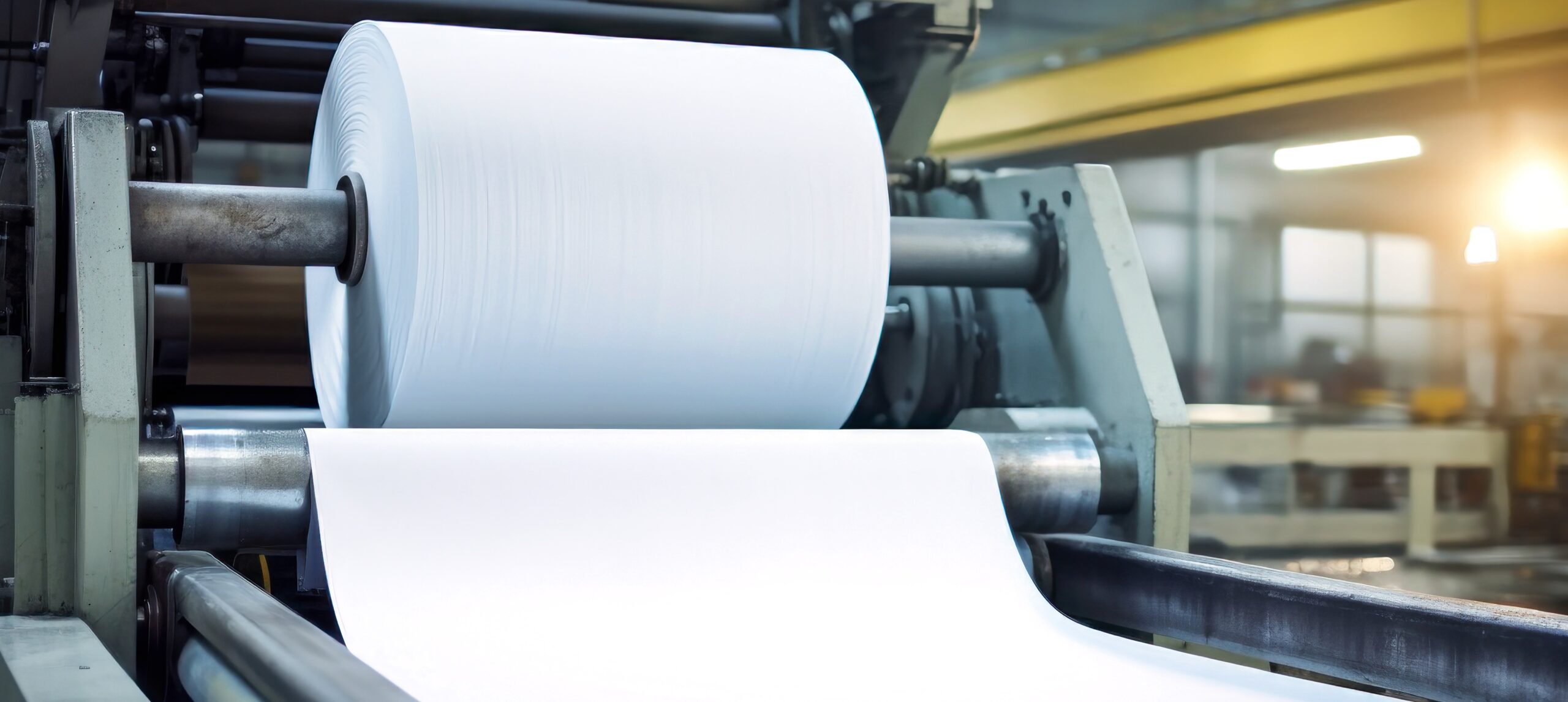 Paper roll in a factory, showing production on industrial machinery.