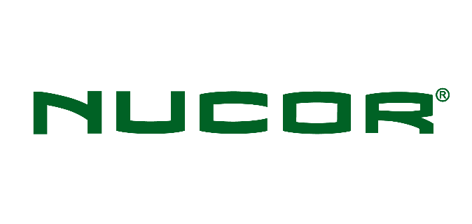 NUCOR® logo, green letters on a clear background