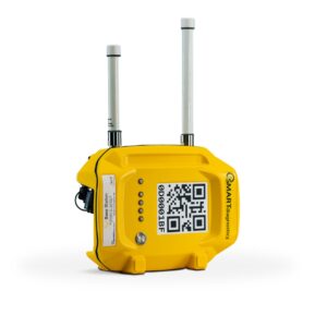SMARTdiagnostics parent base station gateway, bright yellow with white antennae and a visible QR code.