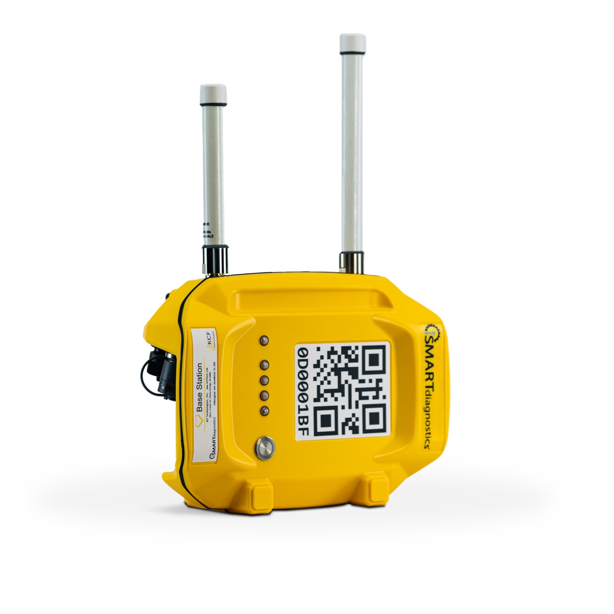 SMARTdiagnostics parent base station gateway, bright yellow with white antennae and a visible QR code.