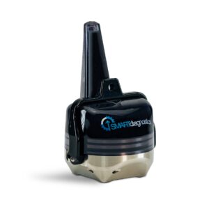 SMARTdiagnostics vibration sensor with black top and antenna and chrome/silver toned base, on a white background.