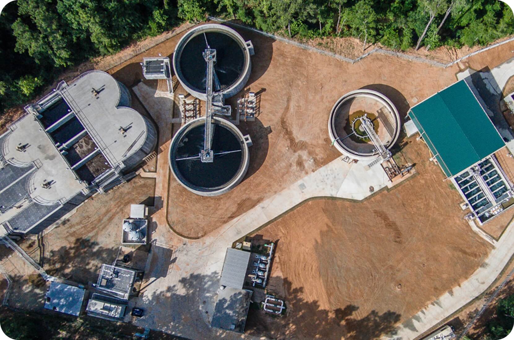 Industrial wastewater plant shown from above with drone footage.