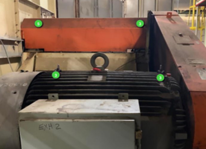 Exhaust fan for automotive paint boot with vibration monitors indicated with green dots.