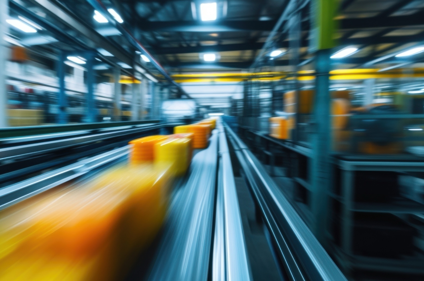 A conveyor belt in a factory runs at full speed, away from the viewer, with the orange items on the belt blurred from the speed.