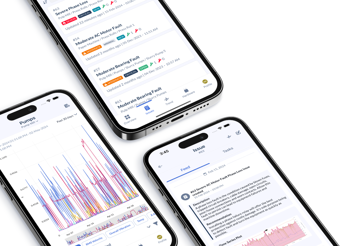 Smartphone screens showing app integrations through SD connect for real time machine health monitoring.