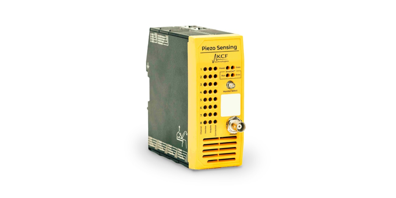 Piezo Sensing parent unit showing connections and KCF Technologies logo.