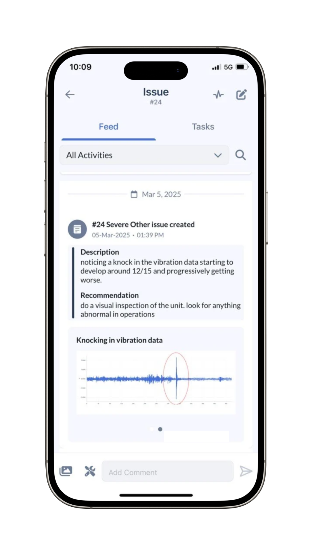 mobile view of spike in vibration detected on linear motion mixer at altoona wastewater treatment plant